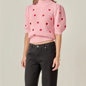 English Factory Pink Sweater with Red Heart Accents